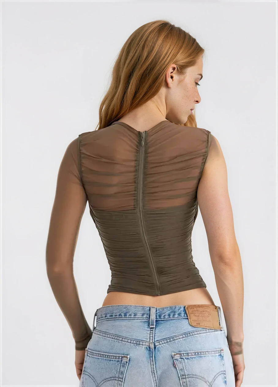 Dames Transparante Mesh Top | Verleidelijk Kruislings Design met Ruches 1