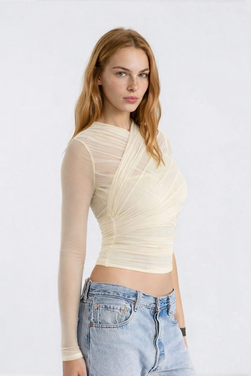 Dames Transparante Mesh Top | Verleidelijk Kruislings Design met Ruches 3