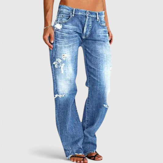 Dames Versleten Denim Spijkerbroek | Lage Taille Rechte Pijpen Casual Comfort 0
