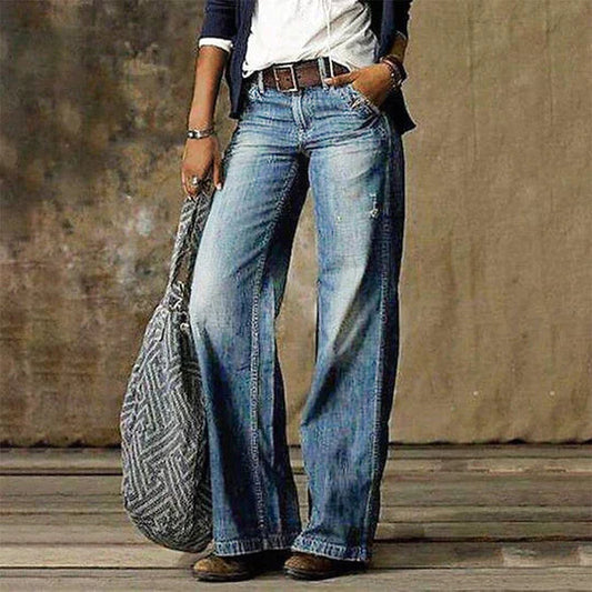 Dames Vervaagde Denim Flared Broek | Hoge Taille Wijde Pijpen Retro Jeans 0