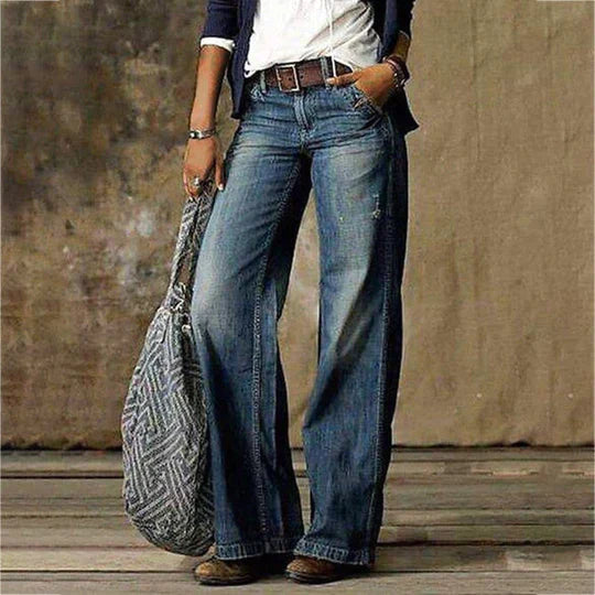 Dames Vervaagde Denim Flared Broek | Hoge Taille Wijde Pijpen Retro Jeans 1