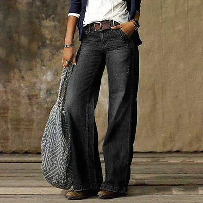 Dames Vervaagde Denim Flared Broek | Hoge Taille Wijde Pijpen Retro Jeans 3