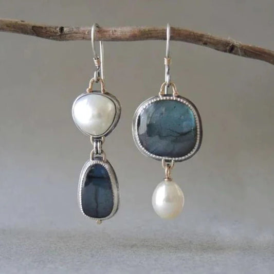 Dames Vintage Blauwe Edelsteen Oorbellen | Elegante Parel Dangle Sieraden 0
