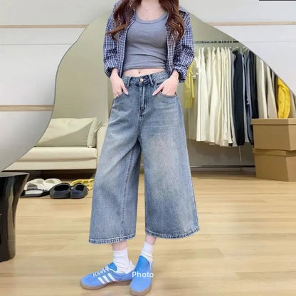 Dames Vintage Denim Cropped Wide Leg Jeans | Casual High-Waist Spijkerbroek voor Lente en Zomer 0