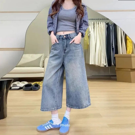 Dames Vintage Denim Cropped Wide Leg Jeans | Casual High-Waist Spijkerbroek voor Lente en Zomer 0