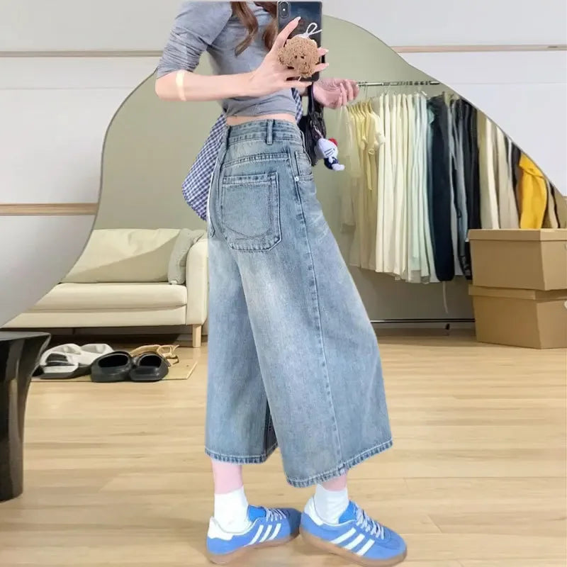 Dames Vintage Denim Cropped Wide Leg Jeans | Casual High-Waist Spijkerbroek voor Lente en Zomer 2
