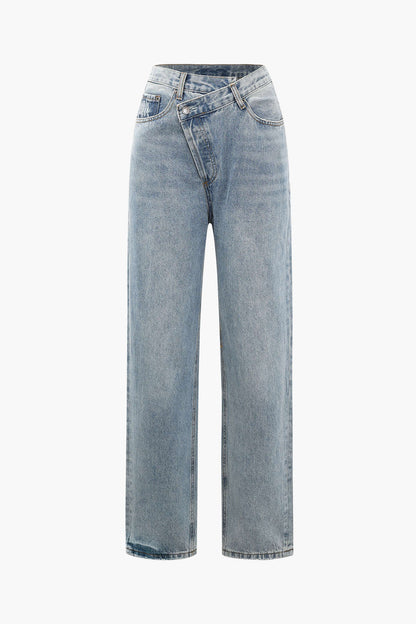 Dames Vintage Denim Spijkerbroek | Asymmetrische Taille Wijd Been Jeans 0