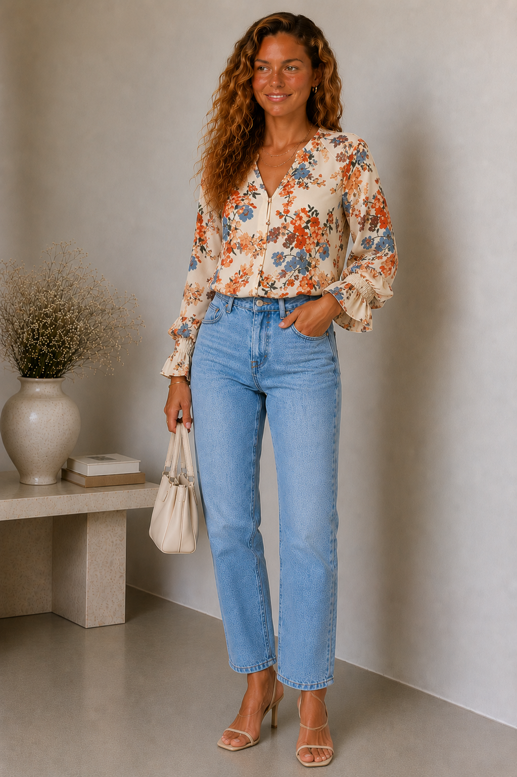 Dames Viscose Bloemenprint Blouse | Elegante V-Hals met Ruchemouwen 0
