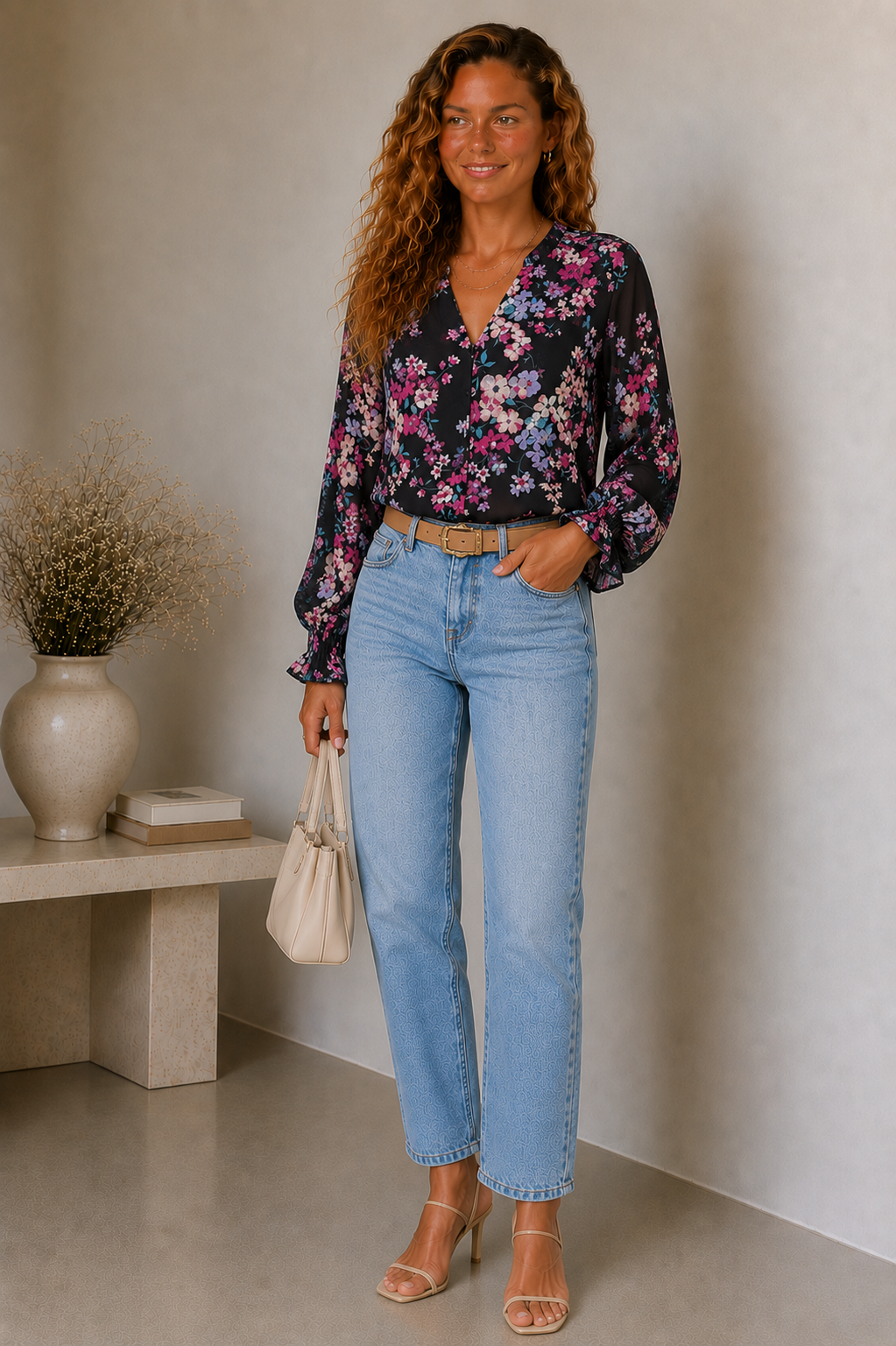 Dames Viscose Bloemenprint Blouse | Elegante V-Hals met Ruchemouwen 1