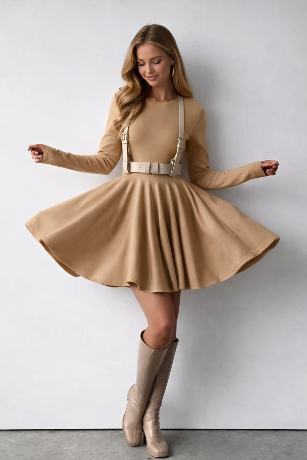 Dames Zachte Crème A-Lijn Skaterjurk | Elegante Lange Mouwen Dress 6