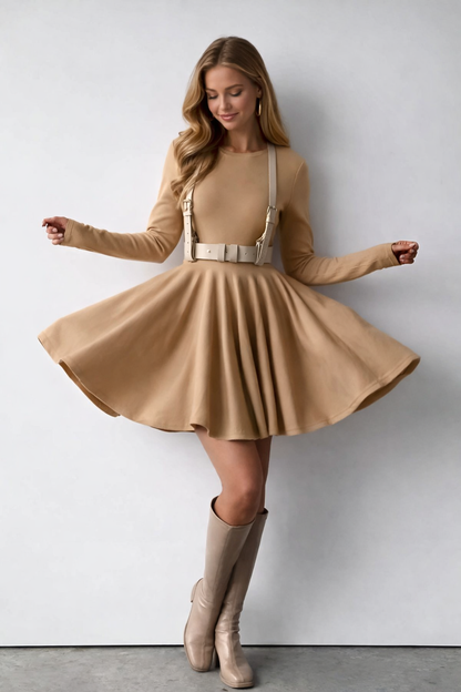 Dames Zachte Crème A-Lijn Skaterjurk | Elegante Lange Mouwen Dress 6