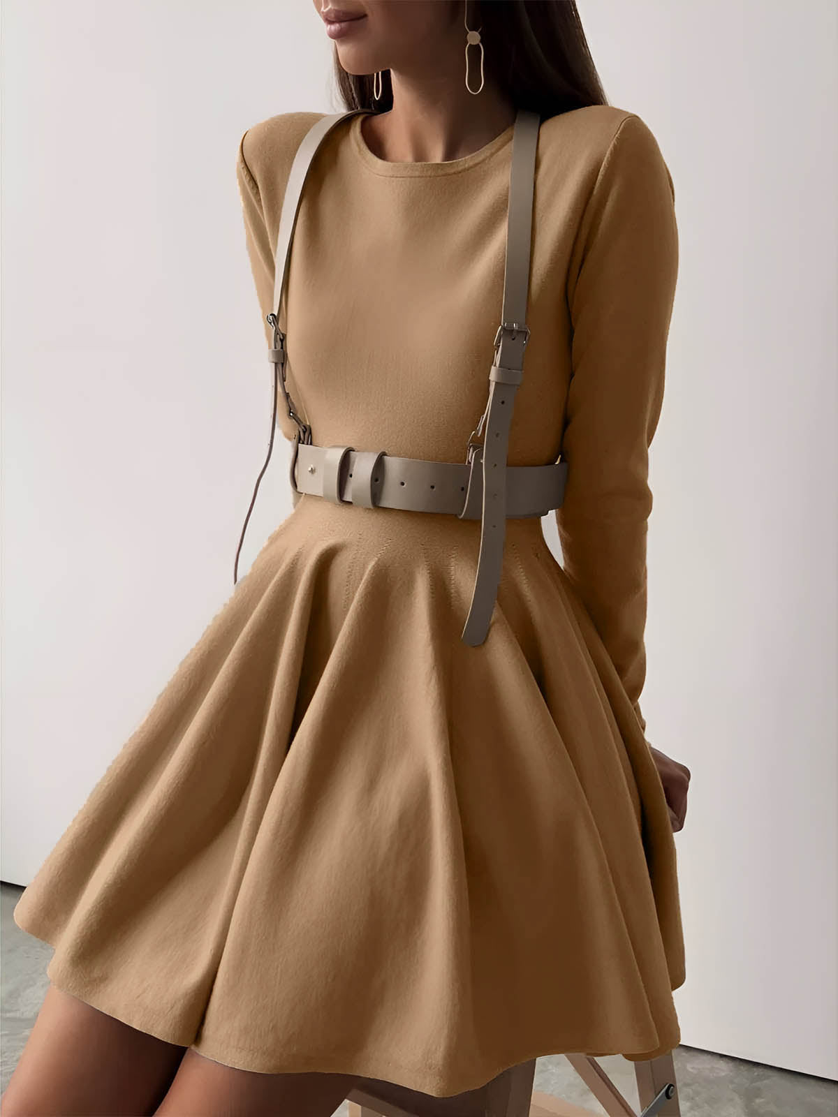 Dames Zachte Crème A-Lijn Skaterjurk | Elegante Lange Mouwen Dress 9