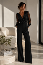 Dames Zwarte Glitter Mesh Jumpsuit | Feestelijke Wijde Pijpen voor Speciale Gelegenheden 1