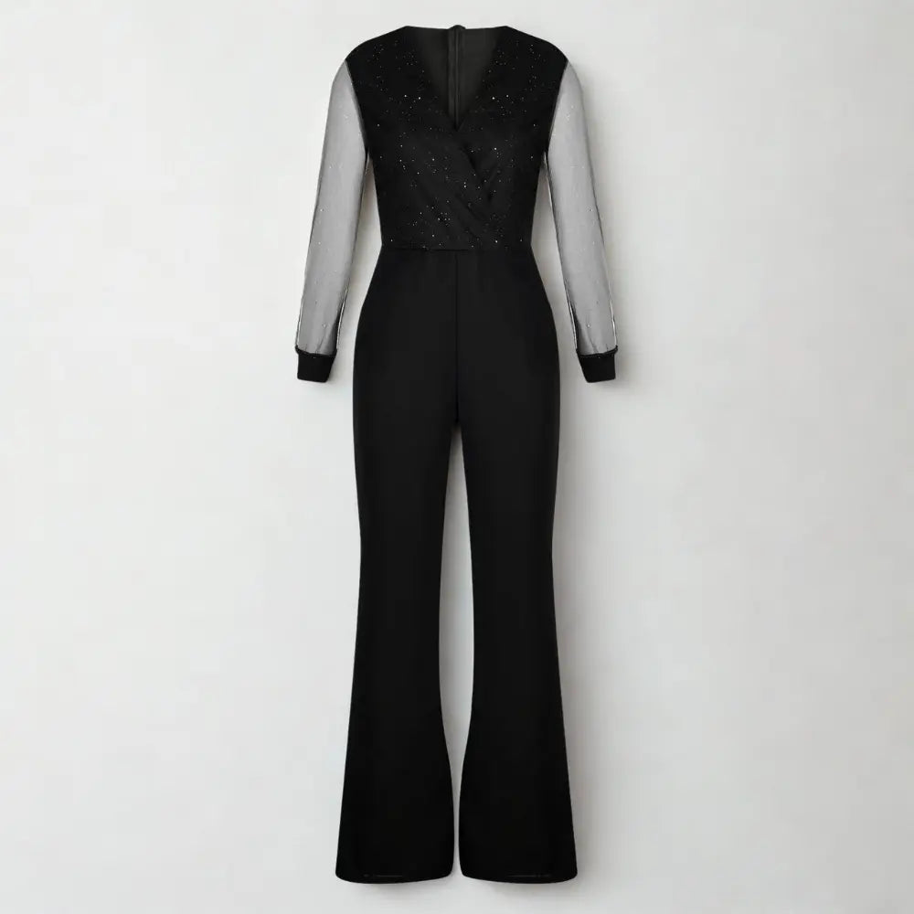 Dames Zwarte Glitter Mesh Jumpsuit | Feestelijke Wijde Pijpen voor Speciale Gelegenheden 2