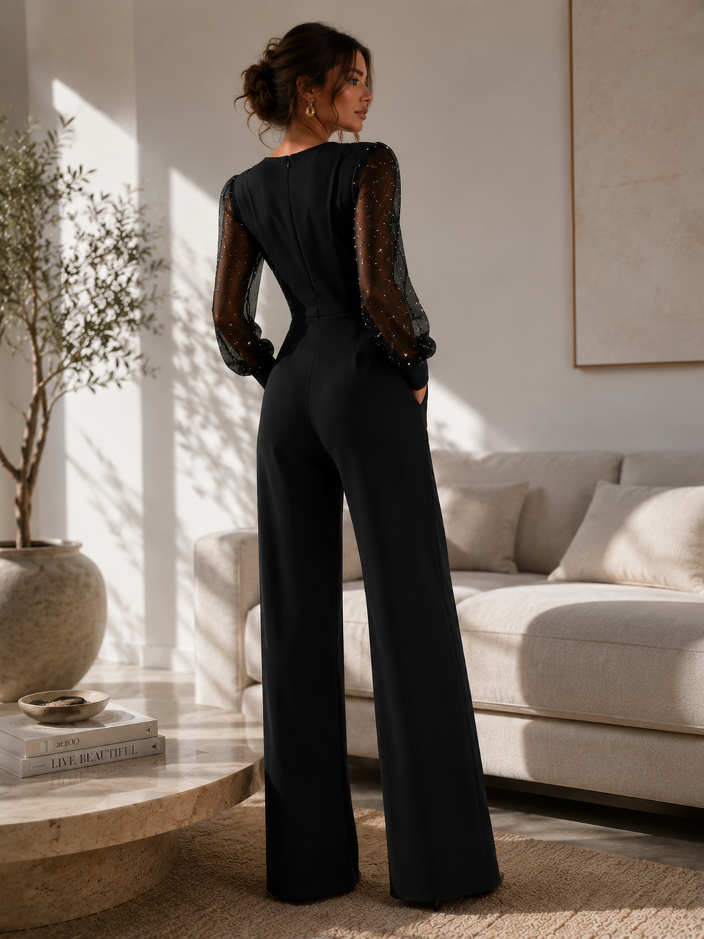 Dames Zwarte Glitter Mesh Jumpsuit | Feestelijke Wijde Pijpen voor Speciale Gelegenheden (1)