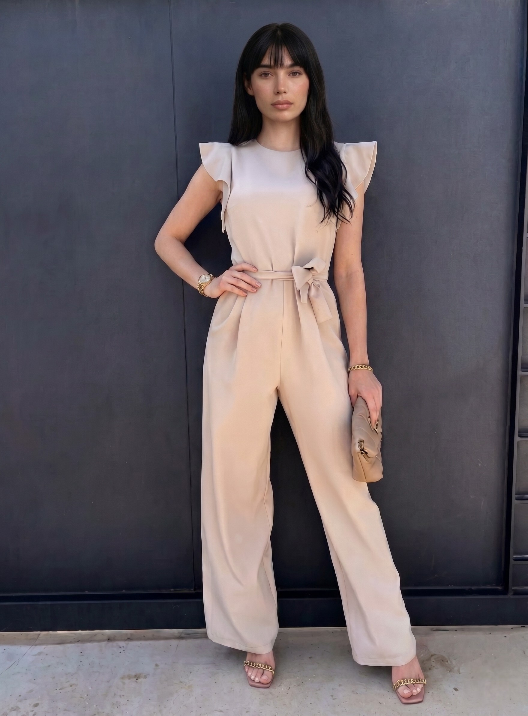 Dames Zwarte Jumpsuit | Feestelijke Elegante Jumpsuit met Vlindermouwen en Wijde Pijpen 0