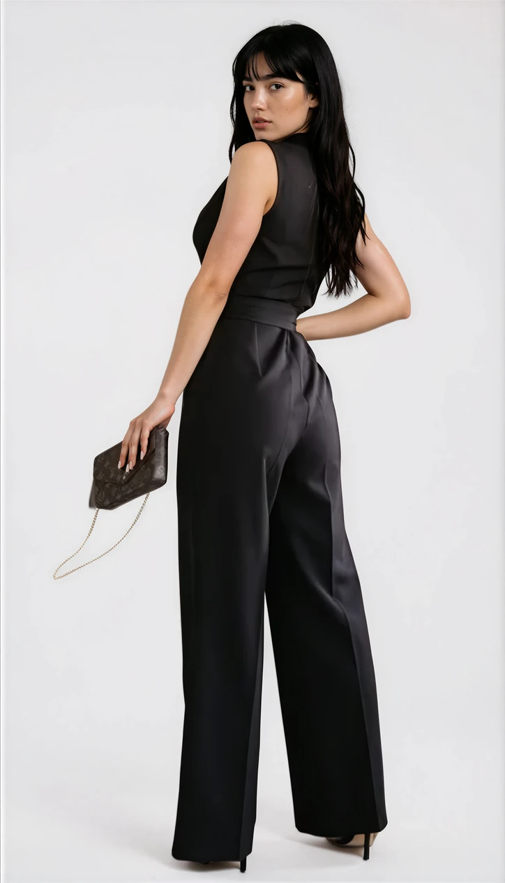 Dames Zwarte Jumpsuit | Feestelijke Mouwloze Outfit met V-hals en Tailleband 2