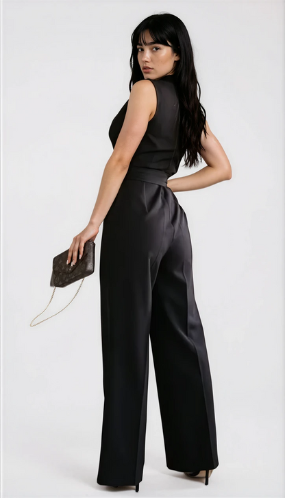 Dames Zwarte Jumpsuit | Feestelijke Mouwloze Outfit met V-hals en Tailleband 2