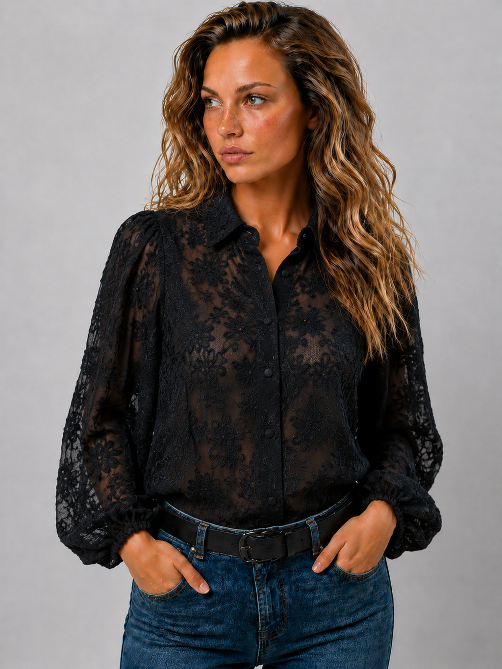 Dames Zwarte Transparante Blouse | Elegante Luchtige Top Met Bloemenpatroon 0
