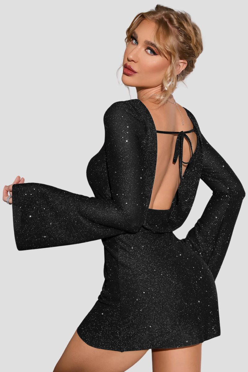 Glitter Jurk Dames | Zwarte Mini Jurk met Flared Mouwen