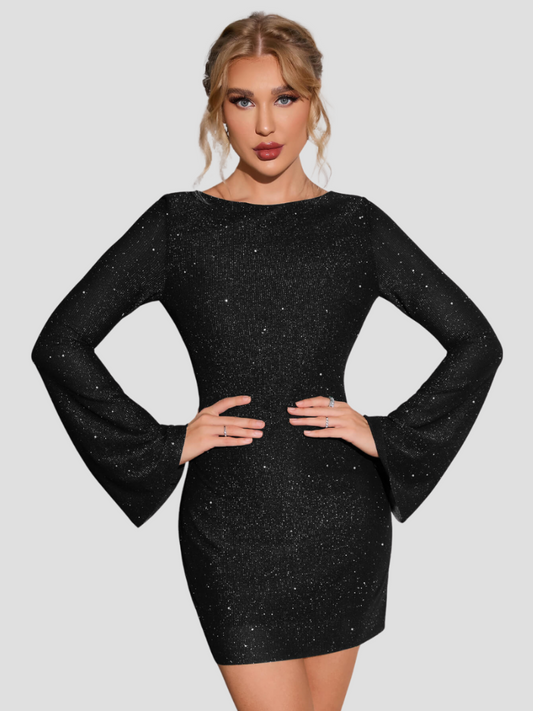 Glitter Jurk Dames | Zwarte Mini Jurk met Flared Mouwen