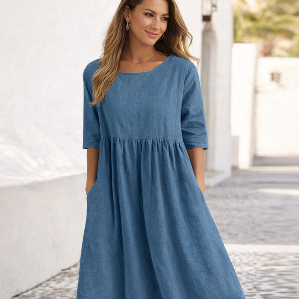 Isara Midi Jurk Dames | Elegante Luchtige Jurk met Comfort Fit en Zakken