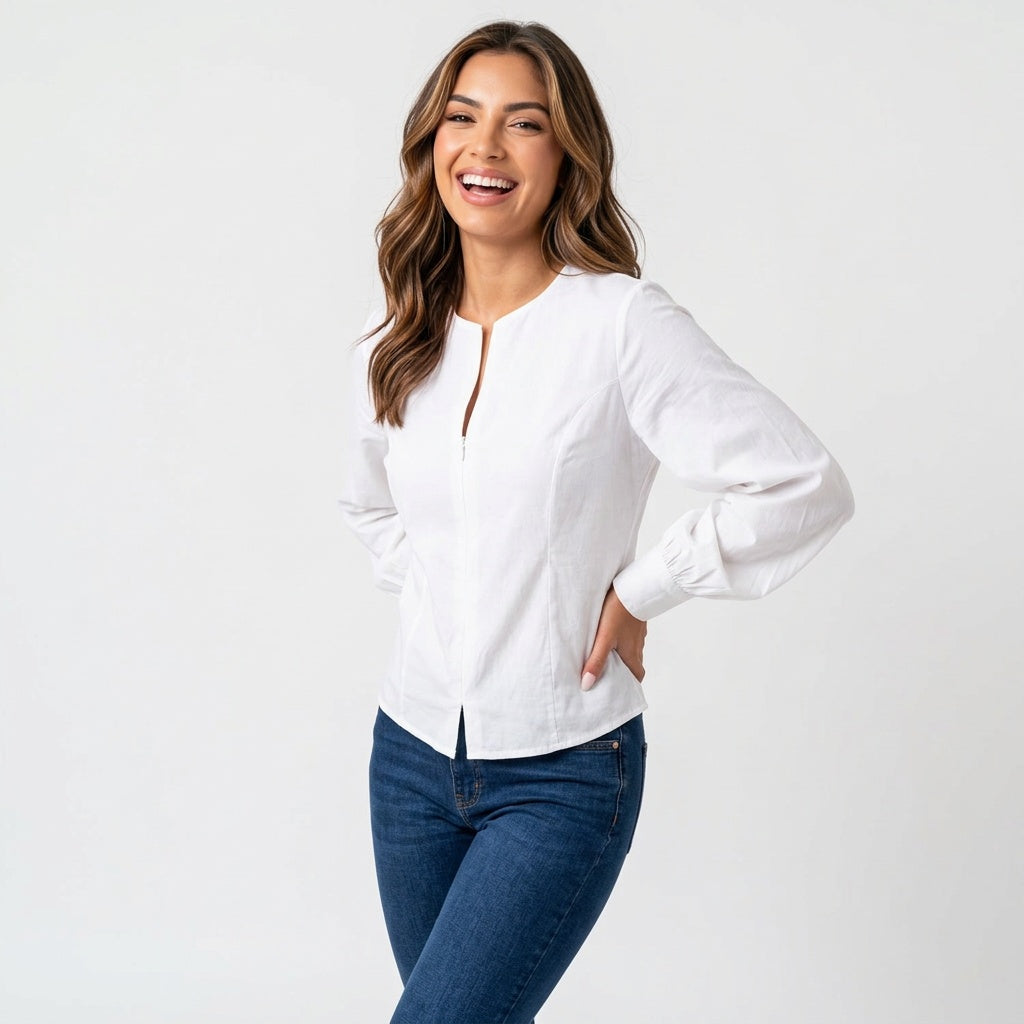 Professional e-commerce fashion photography — create a realistic product-on-model shot using the provided reference images. You are given 5 images: image 1 = product reference, image 2 = product reference, image 3 = product reference, image 4 = product reference, image 5 = model reference. Dress the model from the fifth image in the product from the product images (images 1, 2, 3, 4). The product must be physically placed on the model's body — worn naturally with correct fit, draping, and proportions as it