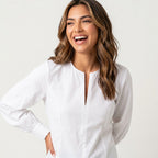 Professional e-commerce fashion photography — create a realistic product-on-model shot using the provided reference images. You are given 5 images: image 1 = product reference, image 2 = product reference, image 3 = product reference, image 4 = product reference, image 5 = model reference. Dress the model from the fifth image in the product from the product images (images 1, 2, 3, 4). The product must be physically placed on the model's body — worn naturally with correct fit, draping, and proportions as it