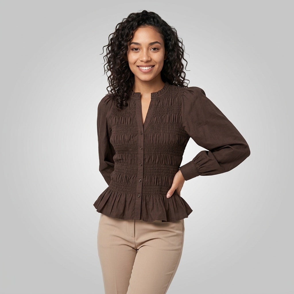 Professional e-commerce fashion photography — create a realistic product-on-model shot using the provided reference images. You are given 2 images: image 1 = product reference, image 2 = model reference. Dress the model from the second image in the product from the first image. The product must be physically placed on the model's body — worn naturally with correct fit, draping, and proportions as it would appear in real life. The product is the hero of the shot and must be clearly visible, prominently displ