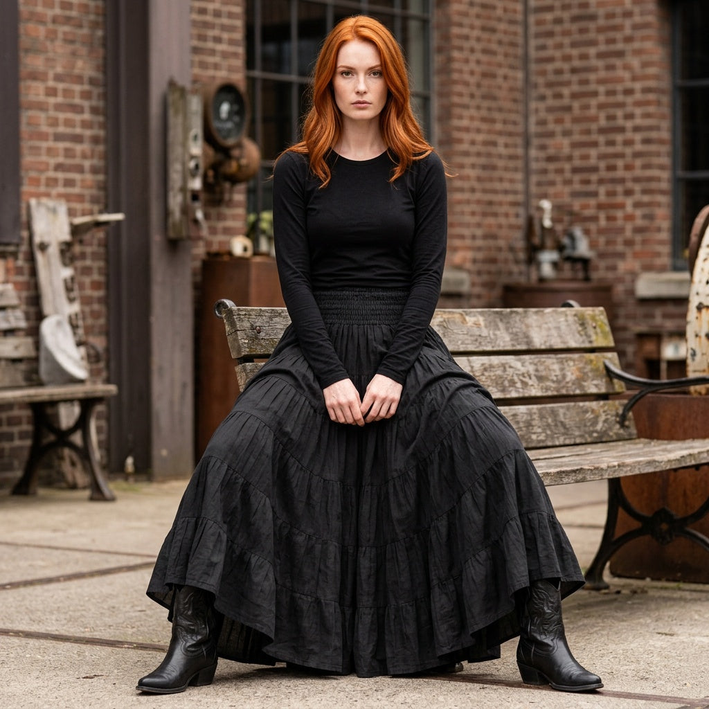 Professional e-commerce fashion photography — create a realistic product-on-model shot using the provided reference images. You are given 2 images: image 1 = product reference, image 2 = model reference. Dress the model from the second image in the product from the first image. The product must be physically placed on the model's body — worn naturally with correct fit, draping, and proportions as it would appear in real life. The product is the hero of the shot and must be clearly visible, prominently displ