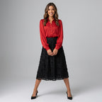 Professional e-commerce fashion photography — create a realistic product-on-model shot using the provided reference images. You are given 5 images: image 1 = product reference, image 2 = product reference, image 3 = product reference, image 4 = product reference, image 5 = model reference. Dress the model from the fifth image in the product from the product images (images 1, 2, 3, 4). The product must be physically placed on the model's body — worn naturally with correct fit, draping, and proportions as it