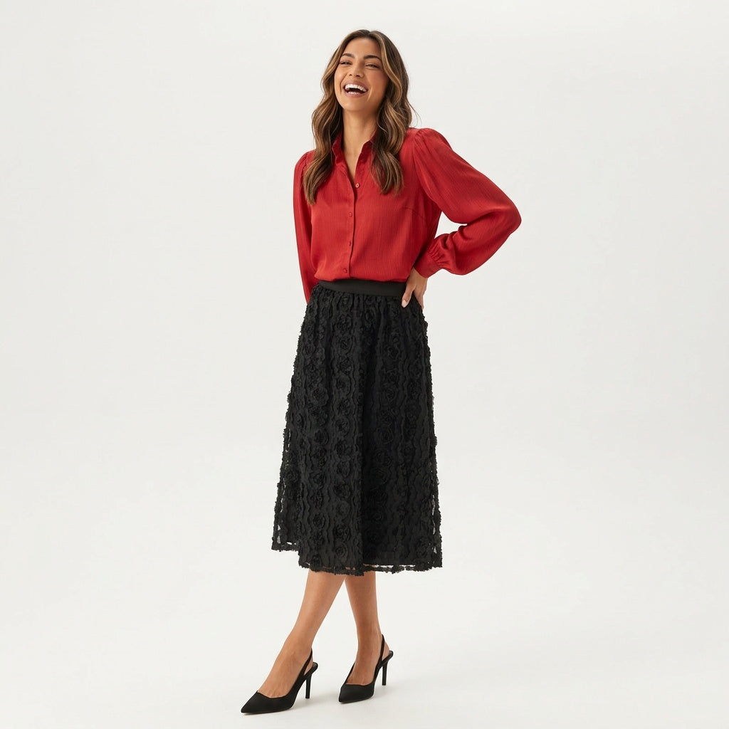 Professional e-commerce fashion photography — create a realistic product-on-model shot using the provided reference images. You are given 5 images: image 1 = product reference, image 2 = product reference, image 3 = product reference, image 4 = product reference, image 5 = model reference. Dress the model from the fifth image in the product from the product images (images 1, 2, 3, 4). The product must be physically placed on the model's body — worn naturally with correct fit, draping, and proportions as it