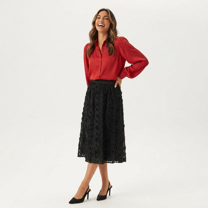 Professional e-commerce fashion photography — create a realistic product-on-model shot using the provided reference images. You are given 5 images: image 1 = product reference, image 2 = product reference, image 3 = product reference, image 4 = product reference, image 5 = model reference. Dress the model from the fifth image in the product from the product images (images 1, 2, 3, 4). The product must be physically placed on the model's body — worn naturally with correct fit, draping, and proportions as it