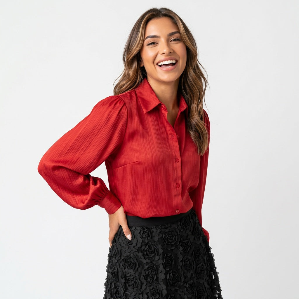 Professional e-commerce fashion photography — create a realistic product-on-model shot using the provided reference images. You are given 5 images: image 1 = product reference, image 2 = product reference, image 3 = product reference, image 4 = product reference, image 5 = model reference. Dress the model from the fifth image in the product from the product images (images 1, 2, 3, 4). The product must be physically placed on the model's body — worn naturally with correct fit, draping, and proportions as it