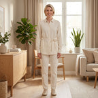 Professional e-commerce fashion photography — create a realistic product-on-model shot using the provided reference images. You are given 4 images: image 1 = product reference, image 2 = product reference, image 3 = product reference, image 4 = model reference. Dress the model from the fourth image in the product from the product images (images 1, 2, 3). The product must be physically placed on the model's body — worn naturally with correct fit, draping, and proportions as it would appear in real life. The