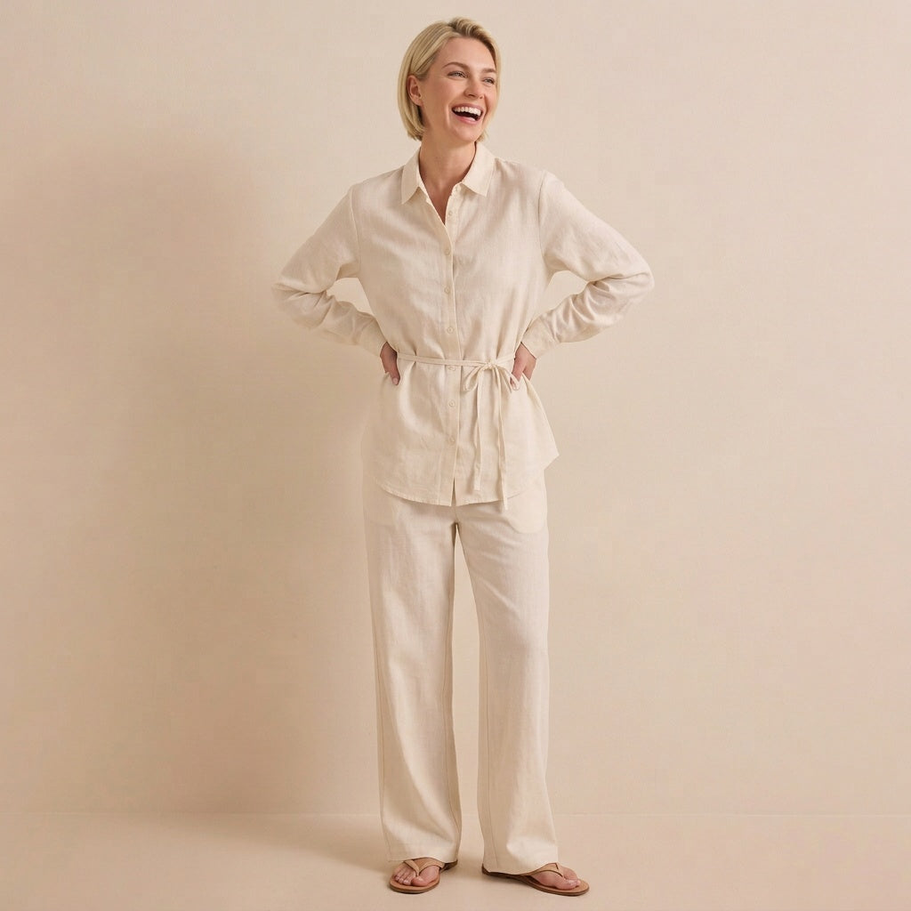 Professional e-commerce fashion photography — create a realistic product-on-model shot using the provided reference images. You are given 4 images: image 1 = product reference, image 2 = product reference, image 3 = product reference, image 4 = model reference. Dress the model from the fourth image in the product from the product images (images 1, 2, 3). The product must be physically placed on the model's body — worn naturally with correct fit, draping, and proportions as it would appear in real life. The