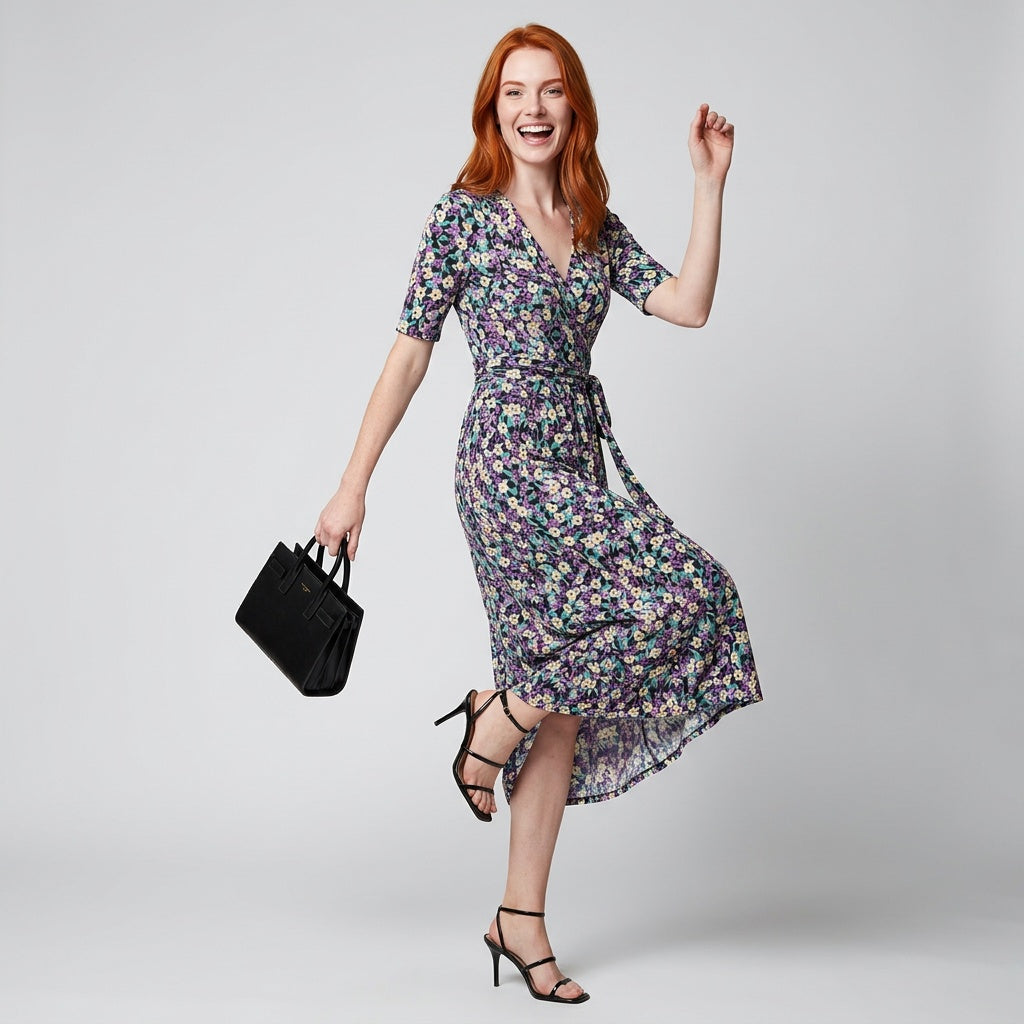 Professional e-commerce fashion photography — create a realistic product-on-model shot using the provided reference images. You are given 2 images: image 1 = product reference, image 2 = model reference. Dress the model from the second image in the product from the first image. The product must be physically placed on the model's body — worn naturally with correct fit, draping, and proportions as it would appear in real life. The product is the hero of the shot and must be clearly visible, prominently displ