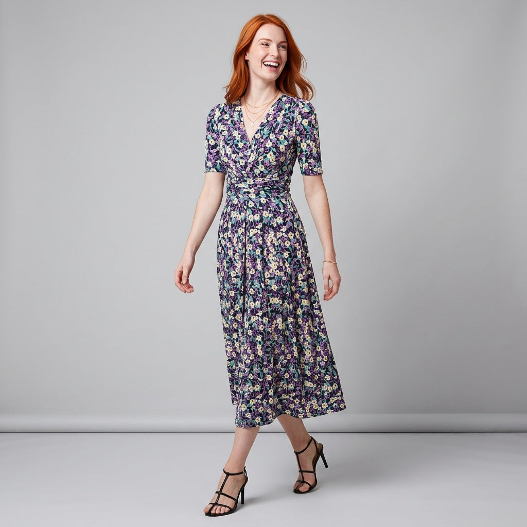 Professional e-commerce fashion photography — create a realistic product-on-model shot using the provided reference images. You are given 2 images: image 1 = product reference, image 2 = model reference. Dress the model from the second image in the product from the first image. The product must be physically placed on the model's body — worn naturally with correct fit, draping, and proportions as it would appear in real life. The product is the hero of the shot and must be clearly visible, prominently displ
