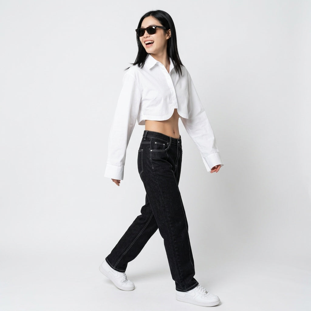 Professional e-commerce fashion photography — create a realistic product-on-model shot using the provided reference images. You are given 2 images: image 1 = product reference, image 2 = model reference. Dress the model from the second image in the product from the first image. The product must be physically placed on the model's body — worn naturally with correct fit, draping, and proportions as it would appear in real life. The product is the hero of the shot and must be clearly visible, prominently displ