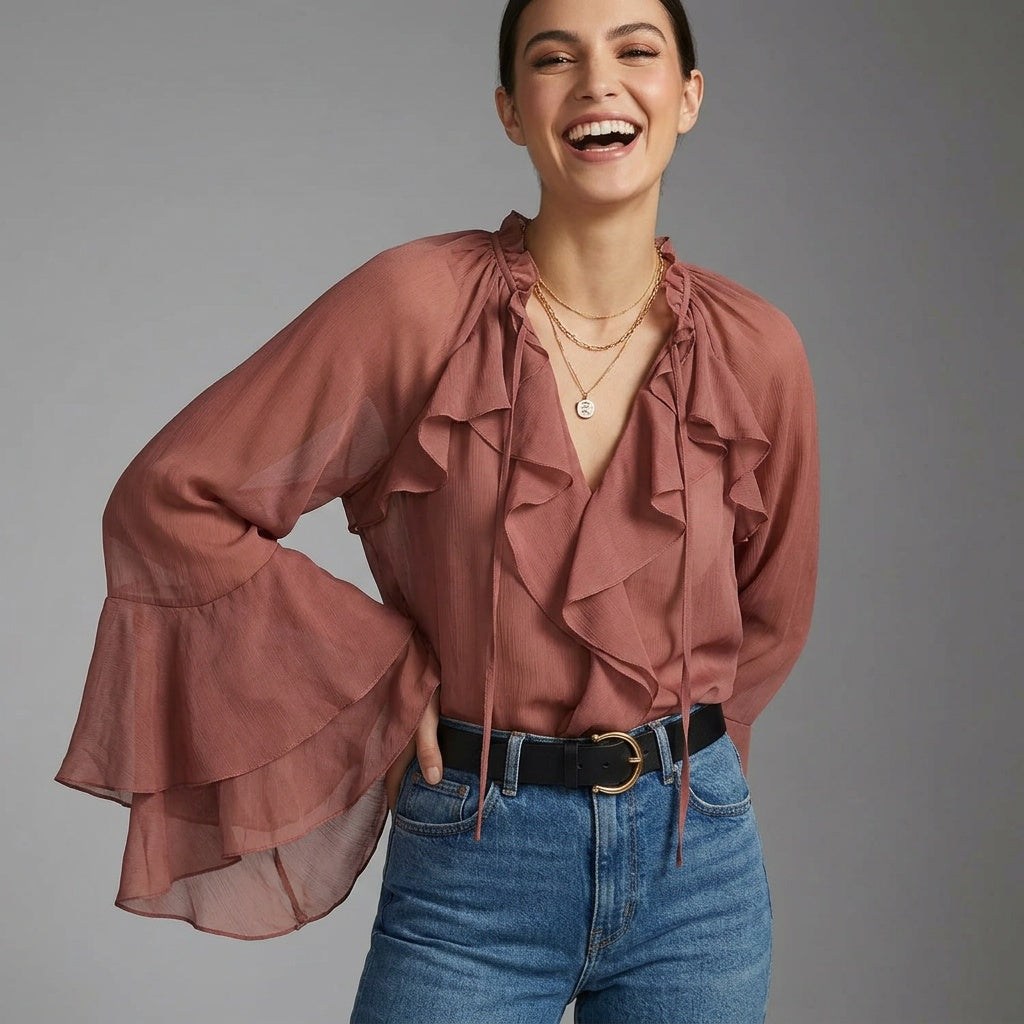 Professional e-commerce product photography, edit the provided images. Use the provided image as the product. Preserve the exact product shape, logo, colors, textures, and proportions. Do not alter, reshape, recolor, or add features to the product. clean studio backdrop, neutral grey gradient, flat even lighting, minimal shadows. upper body shot, waist up, torso and shoulders visible. joyful expressive face, laughing or mid-laugh, candid emotion. one hand on hip with the other arm behind back, legs close to