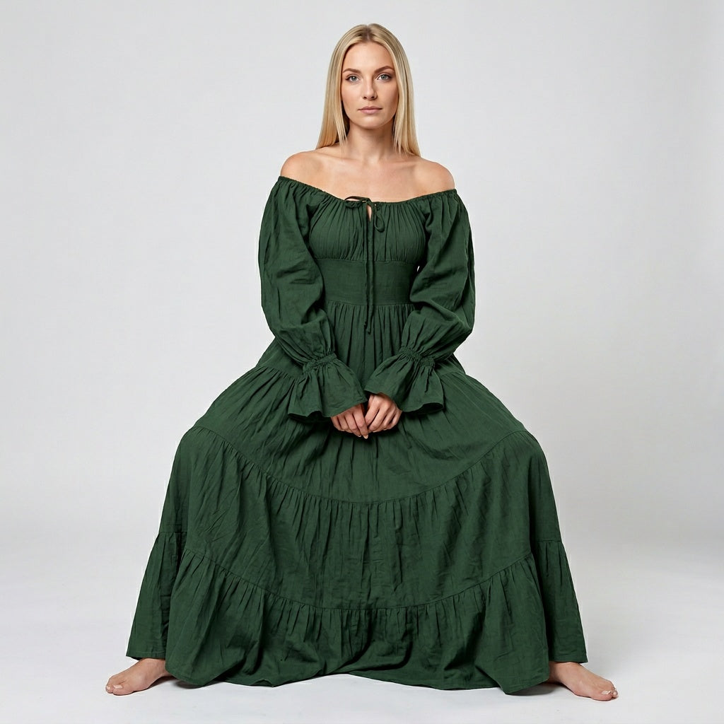 Professional e-commerce fashion photography — create a realistic product-on-model shot using the provided reference images. You are given 2 images: image 1 = product reference, image 2 = model reference. Dress the model from the second image in the product from the first image. The product must be physically placed on the model's body — worn naturally with correct fit, draping, and proportions as it would appear in real life. The product is the hero of the shot and must be clearly visible, prominently displ
