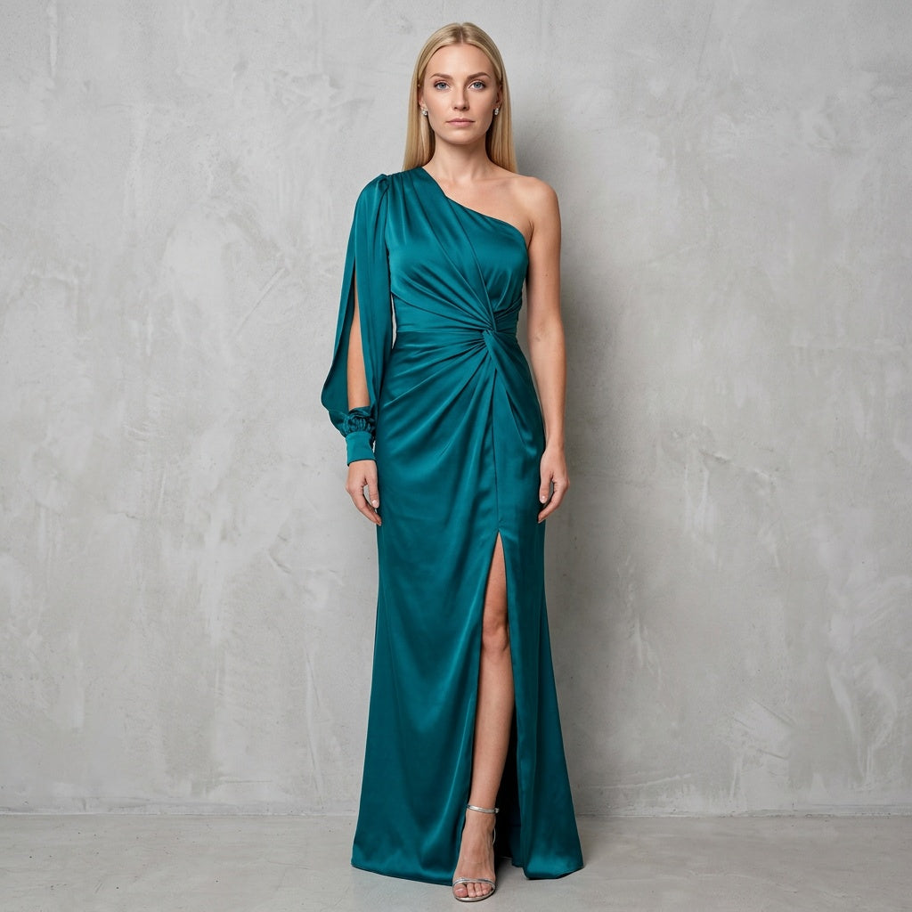 Professional e-commerce fashion photography — create a realistic product-on-model shot using the provided reference images. You are given 2 images: image 1 = product reference, image 2 = model reference. Dress the model from the second image in the product from the first image. The product must be physically placed on the model's body — worn naturally with correct fit, draping, and proportions as it would appear in real life. The product is the hero of the shot and must be clearly visible, prominently displ