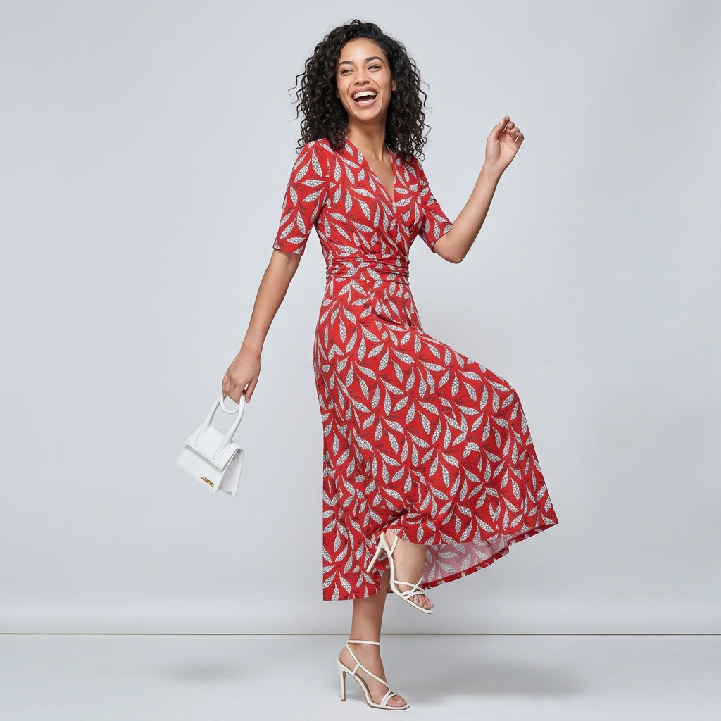 Professional e-commerce fashion photography — create a realistic product-on-model shot using the provided reference images. You are given 2 images: image 1 = product reference, image 2 = model reference. Dress the model from the second image in the product from the first image. The product must be physically placed on the model's body — worn naturally with correct fit, draping, and proportions as it would appear in real life. The product is the hero of the shot and must be clearly visible, prominently displ