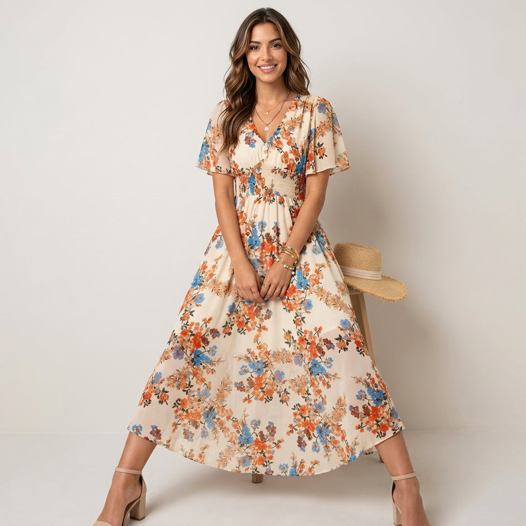 Professional e-commerce fashion photography — create a realistic product-on-model shot using the provided reference images. You are given 2 images: image 1 = product reference, image 2 = model reference. Dress the model from the second image in the product from the first image. The product must be physically placed on the model's body — worn naturally with correct fit, draping, and proportions as it would appear in real life. The product is the hero of the shot and must be clearly visible, prominently displ