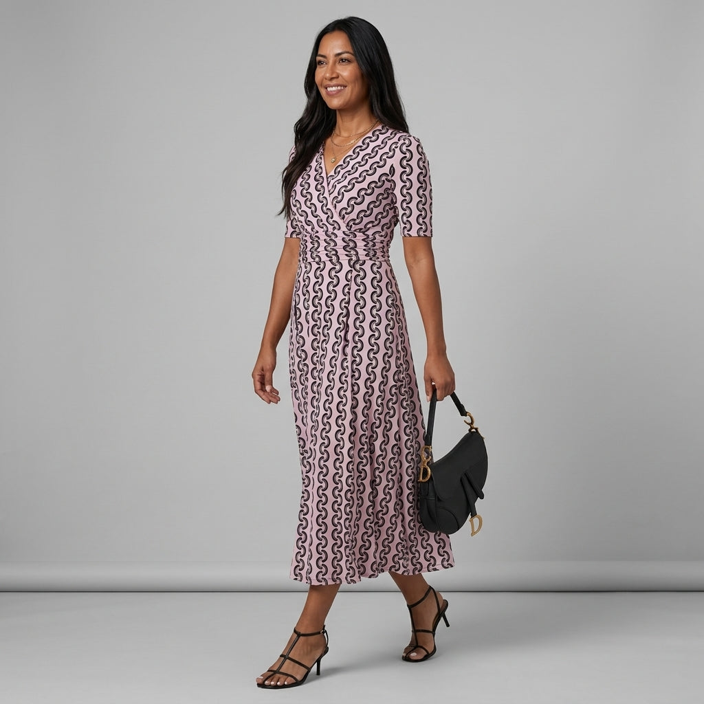 Professional e-commerce fashion photography — create a realistic product-on-model shot using the provided reference images. You are given 2 images: image 1 = product reference, image 2 = model reference. Dress the model from the second image in the product from the first image. The product must be physically placed on the model's body — worn naturally with correct fit, draping, and proportions as it would appear in real life. The product is the hero of the shot and must be clearly visible, prominently displ