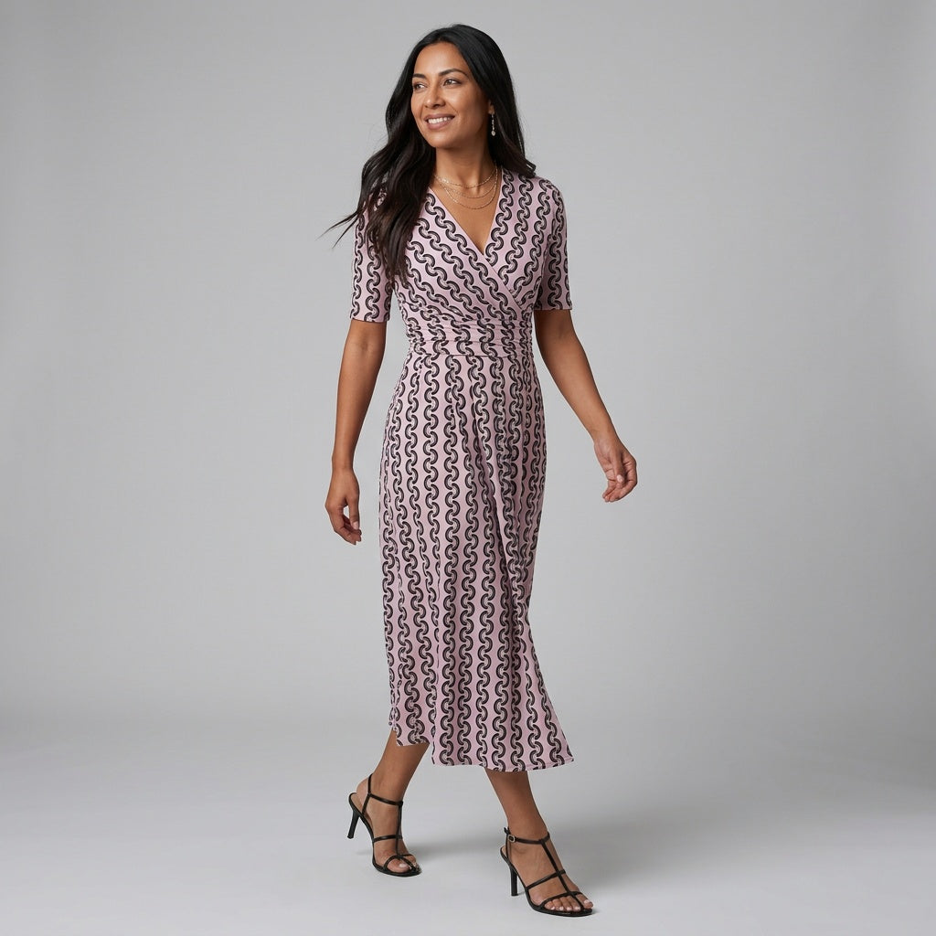 Professional e-commerce fashion photography — create a realistic product-on-model shot using the provided reference images. You are given 2 images: image 1 = product reference, image 2 = model reference. Dress the model from the second image in the product from the first image. The product must be physically placed on the model's body — worn naturally with correct fit, draping, and proportions as it would appear in real life. The product is the hero of the shot and must be clearly visible, prominently displ