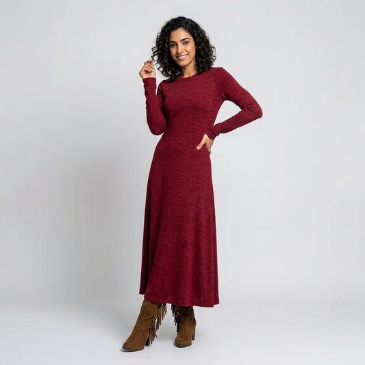 Professional e-commerce fashion photography — create a realistic product-on-model shot using the provided reference images. You are given 2 images: image 1 = product reference, image 2 = model reference. Dress the model from the second image in the product from the first image. The product must be physically placed on the model's body — worn naturally with correct fit, draping, and proportions as it would appear in real life. The product is the hero of the shot and must be clearly visible, prominently displ