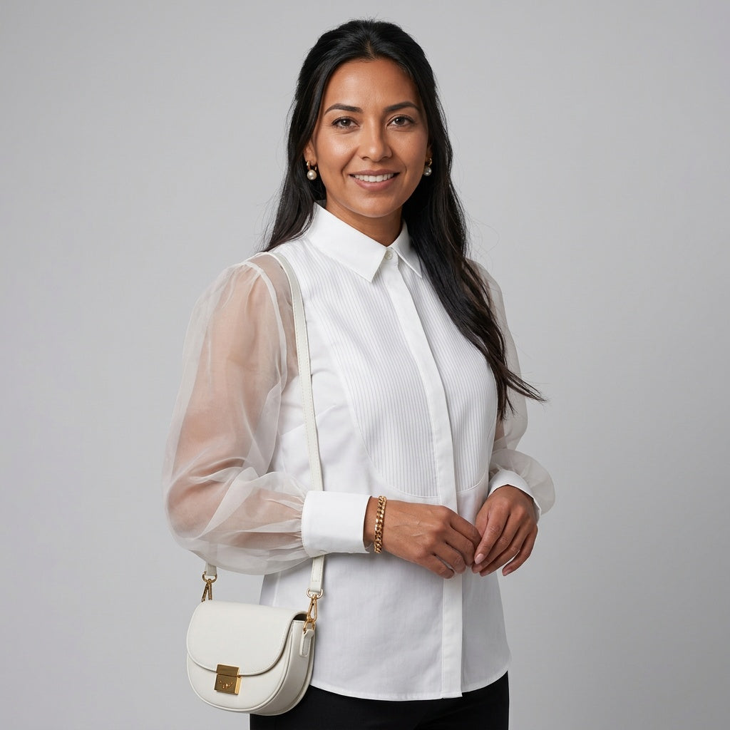 Professional e-commerce fashion photography — create a realistic product-on-model shot using the provided reference images. You are given 2 images: image 1 = product reference, image 2 = model reference. Dress the model from the second image in the product from the first image. The product must be physically placed on the model's body — worn naturally with correct fit, draping, and proportions as it would appear in real life. The product is the hero of the shot and must be clearly visible, prominently displ