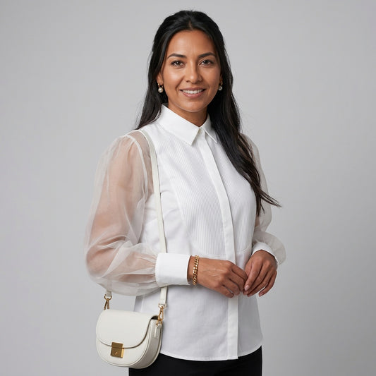 Professional e-commerce fashion photography — create a realistic product-on-model shot using the provided reference images. You are given 2 images: image 1 = product reference, image 2 = model reference. Dress the model from the second image in the product from the first image. The product must be physically placed on the model's body — worn naturally with correct fit, draping, and proportions as it would appear in real life. The product is the hero of the shot and must be clearly visible, prominently displ