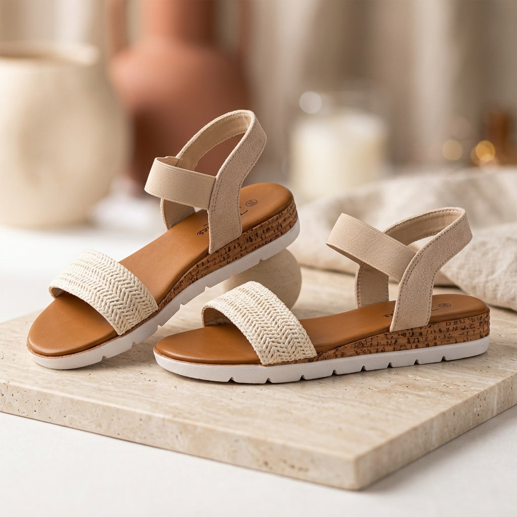 Professional e-commerce product photography, edit the provided images. Use the provided image as the product. Preserve the exact product shape, logo, colors, textures, and proportions. Do not alter, reshape, recolor, or add features to the product. 85mm portrait lens, shallow depth of field, soft bokeh background. high resolution, commercial quality, sharp focus

maak unieke foto vann deze sandalen